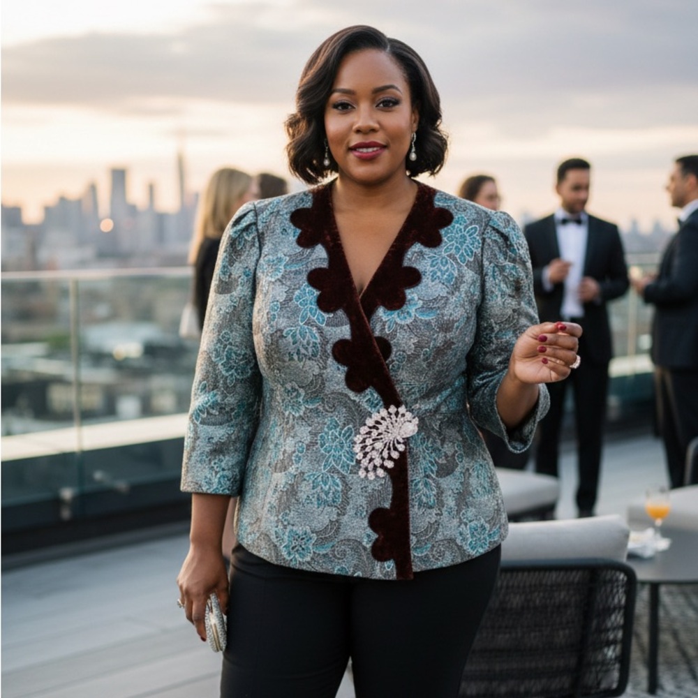VINTAGE Brocade Bolero Jacket Blazer with Burgundy Accents